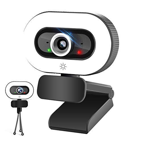 Webcam HD 2K Web Camera with Ring Light, PPUSIN Built-in Microphone Streaming Computer Camera, USB PC Cam with Tripod, Adjustable Brightness Webcams for Zoom/Gaming/Online Teaching/Conference