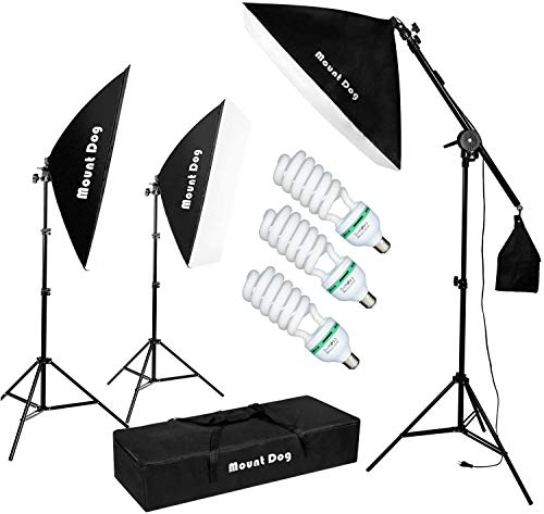 MOUNTDOG Photography Studio Softbox Lighting Kit Continuous Lighting System Photo with 3pcs E27 95W Bulbs Arm Holder Photo Video Soft Box Lighting Set for YouTube Filming Portrait Shooting