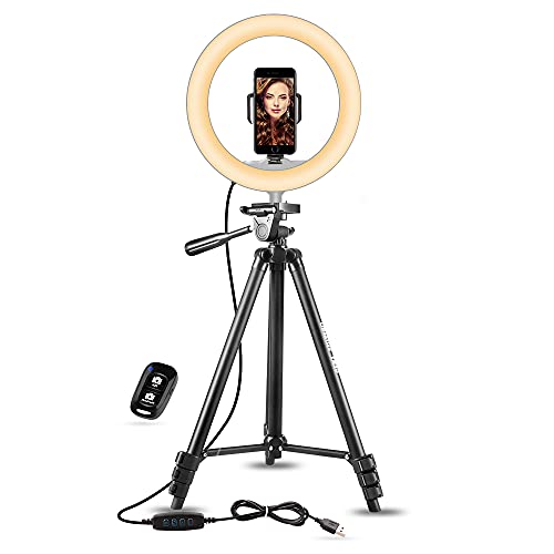 UBeesize 10" Selfie Ring Light with 50" Extendable Tripod Stand & Phone Holder for Live Stream/Makeup, Mini Desktop Led Camera Ringlight for YouTube Video, Compatible with iPhone/Android