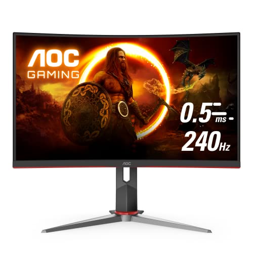 AOC C27G2Z 27" Curved Frameless Ultra-Fast Gaming Monitor, FHD 1080p, 0.5ms 240Hz, FreeSync, HDMI/DP/VGA, Height Adjustable, 3-Year Zero Dead Pixel Guarantee, Black, 27" FHD Curved