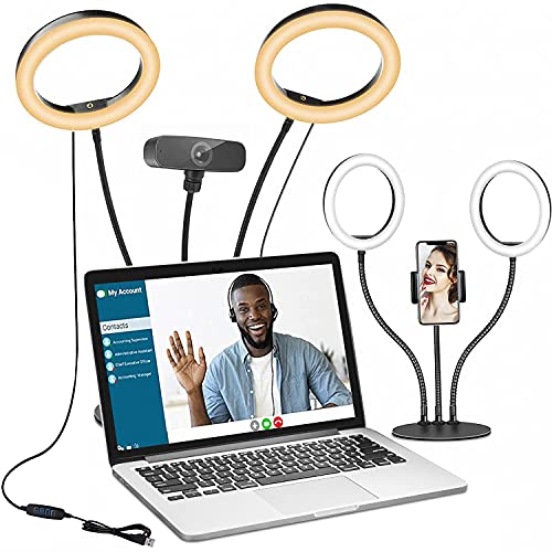 Computer Selfie Ring Light for Video Conference Recording, Dual 8'' Desktop Circle Light with Phone Holder for Laptop Webcam Lighting, Photo, Makeup, Zoom Meeting, Video Call, YouTube, TiKtok